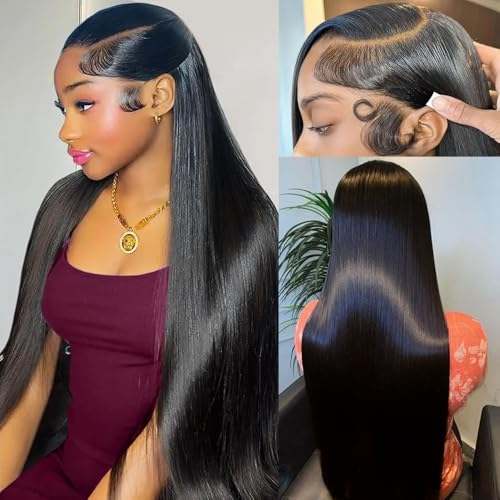 Real Human Hair wig 13x6 Lace Front Wigs Human Hair Pre Plucked 28 Inch Straight Human Hair Wig with Baby Hair 200% Density HD Lace Front Wigs Frontal Glueless Wigs for Women