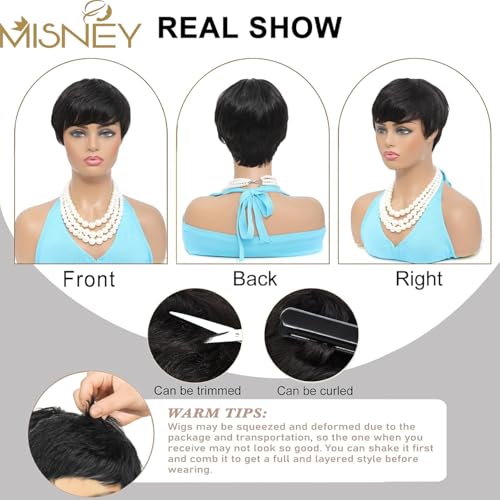 Pixie Cut Wig Human Hair Short Pixie Cut Wigs for Black Women Human Hair Glueless pixie Layered None Lace Front Wig with Bangs Natural Straight Full Machine Made 1B Color