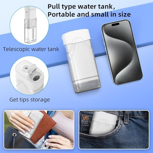 Portable Cordless Water Dental Flosser,Travel Size Collapsible Storage 5 Modes, 200 ML Telescopic Water Teeth Cleaner Pick, IPX 7 Waterproof Rechargeable,5 Jet Tips 360°Rotation (White)