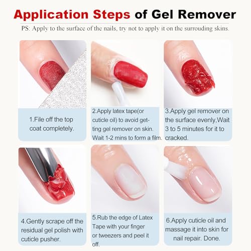 Gel Nail Polish Remover-2pcs with Nail Steel Pusher, Scraper and 2 Pieces Nail File, Quickly Remove Gel Polish in 2-5 Minutes at Home, No Need to Wrap and Soak