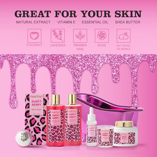 bath body Gifts for Her Home Bath Spa Gift Basket for Women Sweet Berry Bath Sets for Teens Gift Aromatherapy Home Spa Kit with Body Oil & More women's spa gift sets Best Gifts Mothers day