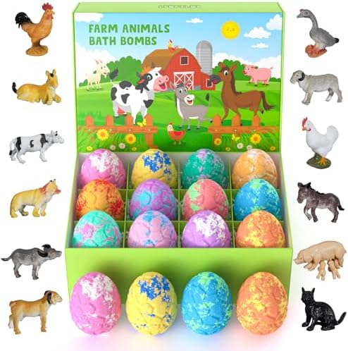 Kids Bath Bombs with Surprise Inside for Girls Boys Toddlers, 12 Pack Organic Bath Bombs for Kids with Farm Animals Toys Inside, Safe Handmade Bubble Bath Fizzy Dino Bath Bomb Easter Birthday Gift