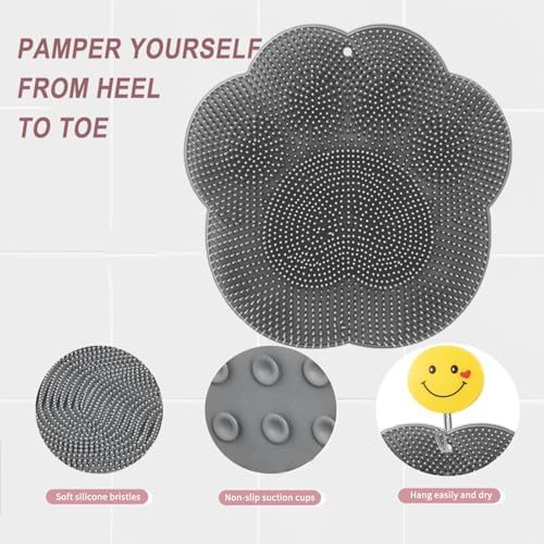 Shower Foot Scrubber Mat,Shower Foot and Back Scrubber with Suction Cups,Back Scrubber for Washer with Storage Hooks,Massager Cleaner Wash Brush(Gray)