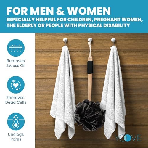 Bamboo Charcoal Infused Back Scrubber - Loofah with Handle | Exfoliating Shower Loofah for Men & Women - Features 1 Loofah on a Stick, 1 Loofa Pouf; Includes Hook (Black)