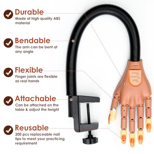 Acrylic Nails Flexible Practice Fake Hand, BORNBYME Nail Training Adjustable Finger Kits, Fake Nails Hands for Nail Beginner Practice with 200 PCS Nail Tips