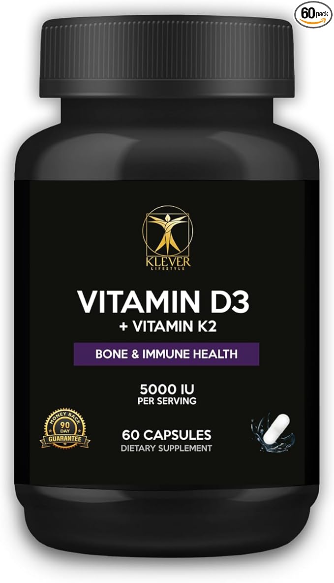 Klever Lifestyle | Vitamin D3 & K2 | Supplement for Bone, Joint & Immune Health, Mood Support, Antioxidant, Strong Bones | 60 Capsules | 5000 UI per Serving