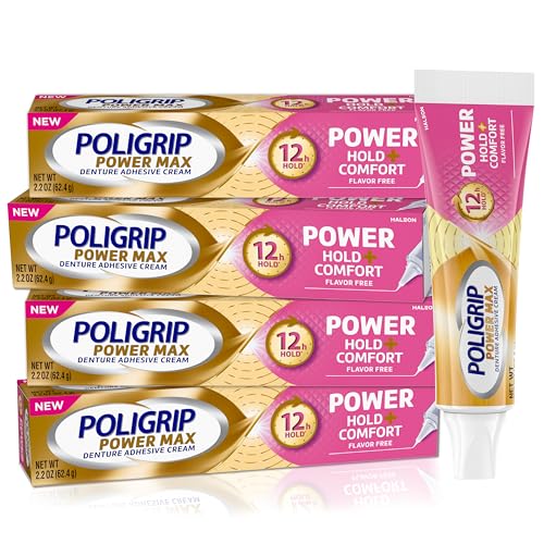 Poligrip Denture Adhesive, Power Max Hold Plus Comfort Denture Adhesive Cream, 2.2 Ounces (Pack of 4)