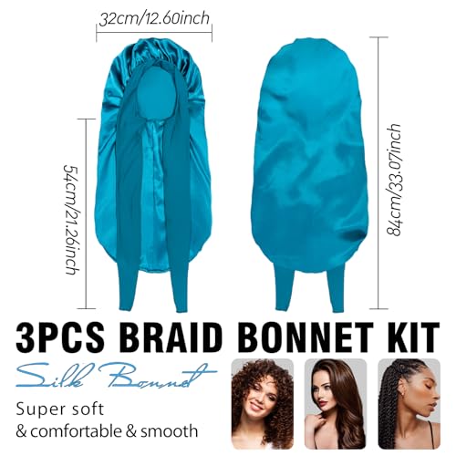 3Pcs Bonnets for Black Women Braid Bonnet, Large Long Satin Bonnet for Braids Sleeping, Black Women Satin Silk Bonnet (3Pcs-Black&Blue&Flower)