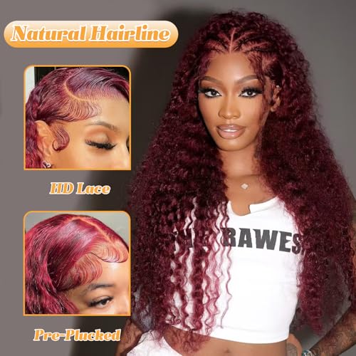 99j Burgundy Lace Front Wigs Human Hair 28 Inch Deep Wave Lace Front Wigs Human Hair Pre Plucked Red Curly Human Hair Wig 13x4 HD Colored Frontal Glueless Wet and Wavy Loose Deep Wave