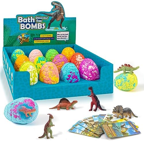 Bath Bombs for Kids with Surprise Toys Inside - 12 Pack Organic Dinosaur Bath Bombs Easter Eggs Gifts, Dinosaur Toys for Kids 3 4 5 6 7 8 9 Years, Dino Egg Bath Bomb for Girls and Boys