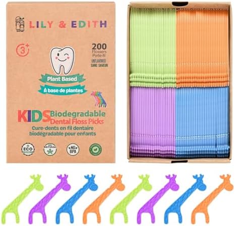 LILY & EDITH Kids Biodegradable Dental Floss Picks 200 Counts, Fluoride Free, Plant Based Material, Fun Animal Flossing Sticks, Ultra Sturdy Thread, Zero Waste Package (Unflavored)