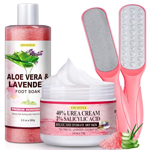 Foot Spa Soak Pedicure Kit, Aloe Lavender Foot Soak Salts, Foot File, Urea Cream for Dry, Cracked Feet - Foot Care for Women Men ﻿