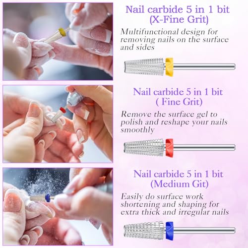 Honoson 3 Pcs Carbide 5 in 1 Nail Drill Bit Set Two Way Rotate Use for Both Left and Right Handed，Xf，F，M 3/32 Inch Drill Nails for Acrylic Nail Gel Fast Remove(Silver)