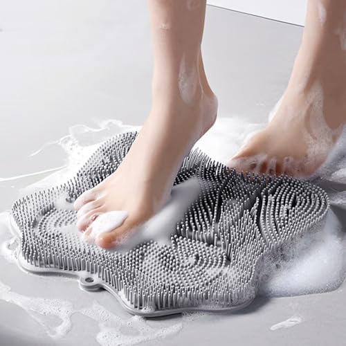 Shower Foot Scrubber, Shower Foot and Back Scrubber with Suction Cups, Shower Silicone Foot Washer for Exfoliating Massage（Grey）