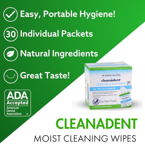 Dr. B Dental Solutions Cleanadent Wipes - Convenient Denture Cleaning Wipes, Refreshes Gums, No Artificial Colors/Flavors - 30 Pack