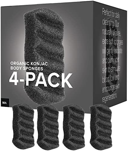 Minamul Konjac Exfoliating Organic Body Sponge | Gentle Daily Body face Scrub/Skincare | Infused with Best Bamboo Activated Charcoal | Safe for Oily, Dry, Combination or Sensitive Skin | 4 Pack Set