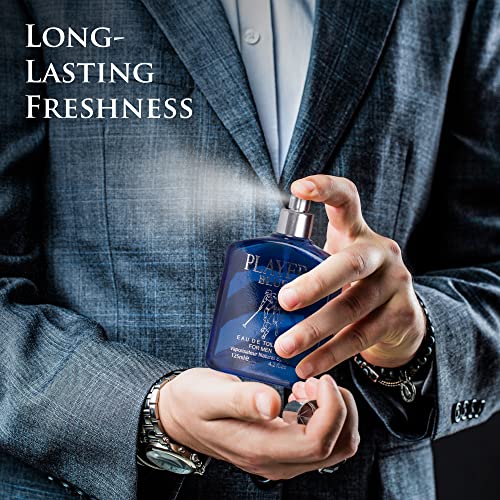 NovoGlow Player Blue for Men - 4.2 Fl Oz Eau De Parfum Spray for Men - Long-Lasting Citrusy Herbal & Woody Fragrances Smell Fresh All Day Long Gift for Men on All Occasions
