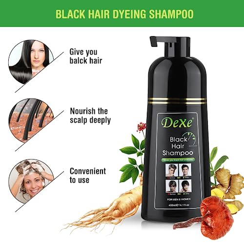 DEXE Black Hair Dye Shampoo for Gray Hair Coverage,Hair Color Shampoo for Men/Women,3 in 1-100% Grey Cover,Permanent Hair Shampoo,Herbal Ingredients and Ammonia Free,400ML(14 Fl oz)