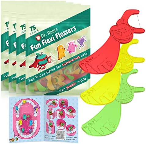 Dr. Ram's Fun Flexi Flossers for Kids - 300 Count Kids Dental Floss - Anti-Ouch Shape with Puzzle and Game - Light Citrus Fruit Scent Kid Floss