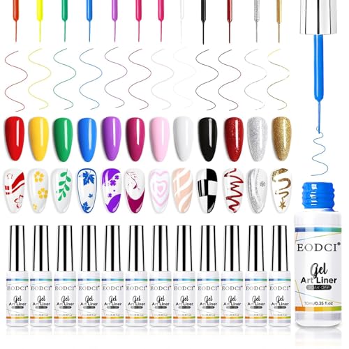 Nail Art Gel Liner Set, 12 Colors Black Red Pink Yellow Green Glitter Fall Winter Gel Polish for Swirl French Tip Painting Designs Soak Off Built Thin Brush DIY Nail Design Kit