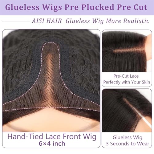 AISI HAIR 14 Inch Ombre Blonde Wigs for Women - Shoulder Length Wave Wig with Pre-Cut Lace Hairline, Middle Part Natural Wavy Bob Synthetic Heat Resistant Fiber for Daily and Party