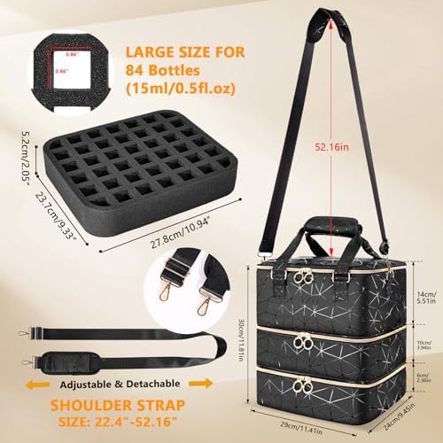 Nail Polish Organizer Case Holds 84 Bottles(15ml/0.5 Liquid Ounces) & Nail Lamp,3 Layers PU Leather Nail Supplies Storage Organizer Bag,Large Shoulder Strap Nail Polish Holder Travel Carrying Case.