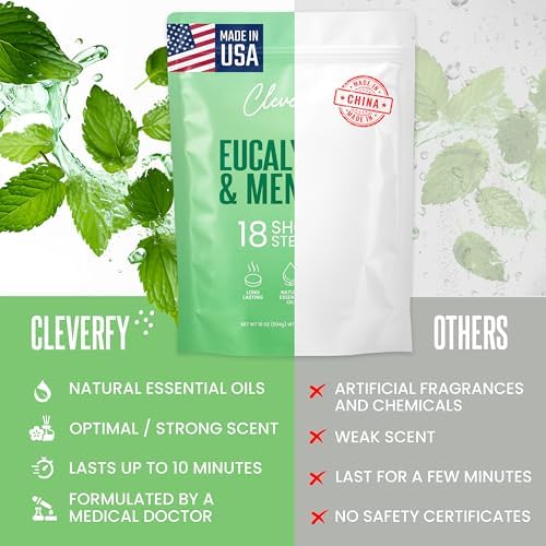 Cleverfy Eucalyptus for Shower Steamers Aromatherapy – Self-Care Shower Bombs for Sinus Relief and Nasal Congestion – 18 Tablets