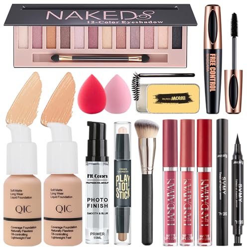 All in One Makeup Kit, Makeup Set Includes 12 Colors Eyeshadow, Foundation & Primer, Lipsticks, Eyeliner, Mascara, Contour Stick, Brow Soap, Makeup Brush & Sponges, Make Up Gift Kit for Women & Teens