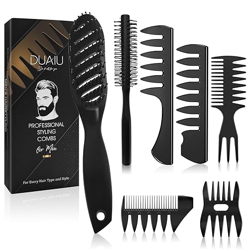 Hair Brush for Men, DUAIU 7Pcs Combs for Men, Hair Styling Comb Set with Vent Hair Brush, Quiff Round Hair Brush, Wide Tooth Comb, Texture Comb for Blow Drying, Detangling, Grooming, Hairdressing