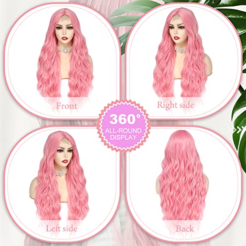 Cosplay Long Pink Wig 28 Inch Middle Part Synthetic Wig Realistic Gifts Party Wigs for Women Daily Use Colorful Wigs (Pink)