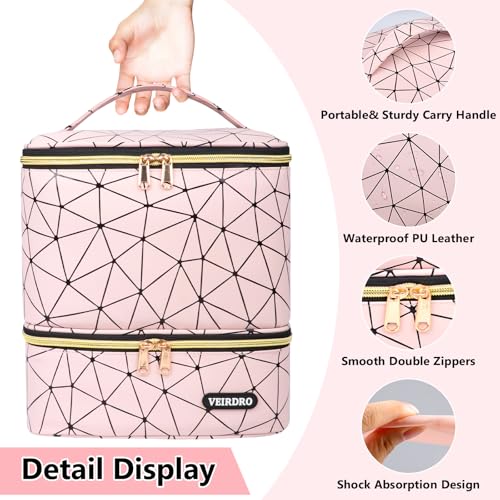 Nail Polish Organizer Bag Holds 30 Bottles (15ml/0.5 fl.oz)& Nail Lamp, Portable Travel Nail Kit Storage Carrying Case, Double Layer Nail Supplies Holder Bag PU Leather Women (Baby Pink)