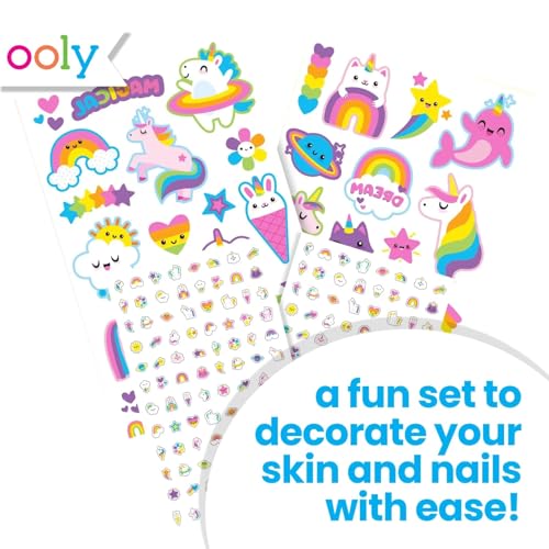 Ooly Set of 35 Unicorn & Rainbow Temporary Tattoos and 192 Nail Stickers for Kids, Non-Toxic, Safe Kids Tattoos, Party Favors, Goodie Bag Stuffers Summer Crafts, Birthday Decorations for Girls Ages +3