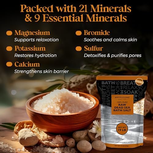 Aromasong Raw Dead Sea Bath Salt - Minimally Cleaned, Contains More Dead Sea Minerals Including Dead Sea Mud - 100% Pure & Natural Dead Sea Salts for Soaking 19 LB - Bulk Resealable Pack