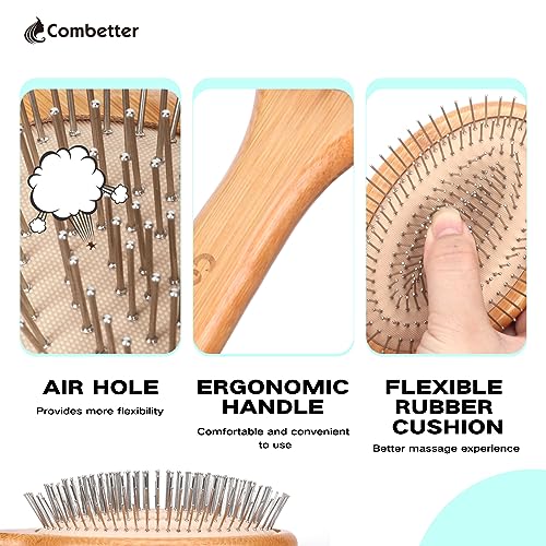 Bamboo Hair Brush, Smoothing Hair & Massage Scalp, Detangling Anti-Static Hairbrush, Natural Wood Brush with Metal Bristles for Women, Men & Children