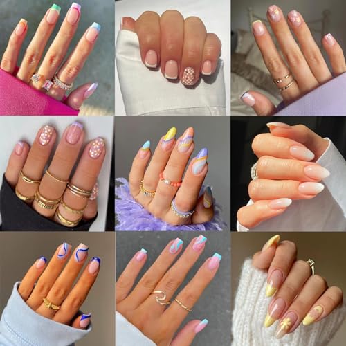 9 Packs (216 Pcs) Press on Nails Short, Jsiallye Flower Short Press on Nails Square, Swirl Press on Nails Almond, Gradient Glue on Nails for Girl Nail Art, 12 Size of Fake Nails - 9 Styles Nail Kits