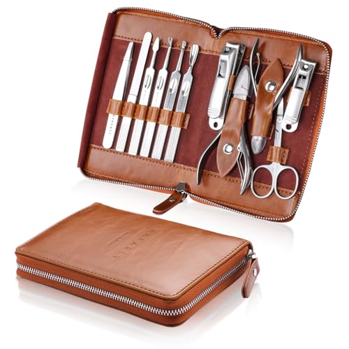 Makartt Manicure Kit: Professional Nail Care Clippers Set - 11 pcs Stainless Steel Tavel Women Men Fingernail Grooming Tool with Portable Brown Leather Case