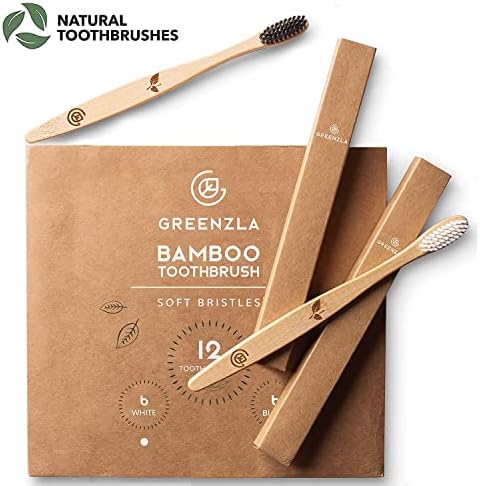 Greenzla Bamboo Toothbrushes for Adults – 12 Pack Wooden Toothbrush Set with Charcoal-Infused Soft Bristles, Natural Oral Care for Daily Use