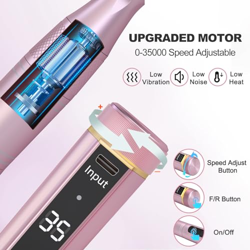 Cordless Nail Drill, 35000RPM Professional Efile Nail Drill Machine, LCD Display Rechargeable Portable Electril Nail Drill with 12pcs Bits and 6pcs Sanding Bands for Acrylic Nails Gel Polish Remover