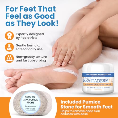 Revitaderm 4D Urea Cream 40 Percent for Feet Maximum Strength, for Dry Hands, Elbows and Knees, Callus Remover for Feet, Free Pumice Stone, 4oz, 1 Pack