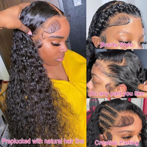 Keshon 13x5 Deep Wave Lace Front Wigs Human Hair 200% Density Deep Wave Frontal Wig Pre Plucked HD Transparent Full Lace Frontal Wigs Human Hair with Baby Hair Natural Color 28 inch