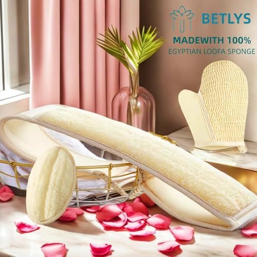 Natural Loofah Sponge Exfoliating Body Scrubber, Loofa Back Scrubber for Shower Set for Men and Women (3 Pack), Luffa Sponge Pads & Exfoliating Glove Deep Clean & Invigorate Your Skin, Yellow