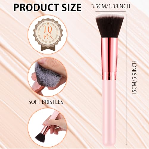 Tanlade 10 Pcs Makeup Brushes Bulk Flat Top Foundation Brush Liquid Cream Powder Foundation Contour Blush Concealer Eye Shadow Blending Liner Make up Kit for Wedding Artist(Pink)