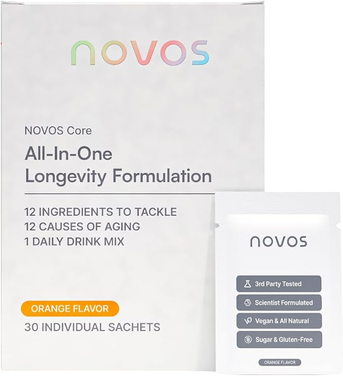 NOVOS Core Longevity Mix, Anti-Aging Supplement, Drink Powder Packet Orange Flavor - Skin Support, Energy, Mood Support, Sleep and Cognition Support - 30 Servings