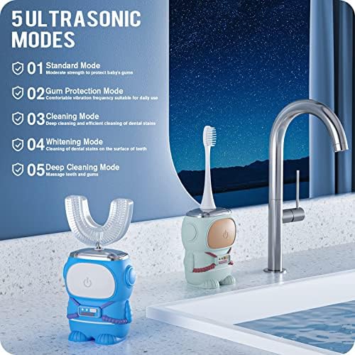 RexCodar Ultrasonic Kid's U-Shaped Electric Toothbrush, IPX7 Waterproof, Five Cleaning Modes, 60S Smart Reminder (Blue Ages 6-12)