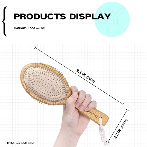 Bamboo Hair Brush, Smoothing Hair & Massage Scalp, Detangling Anti-Static Hairbrush, Natural Wood Brush with Metal Bristles for Women, Men & Children