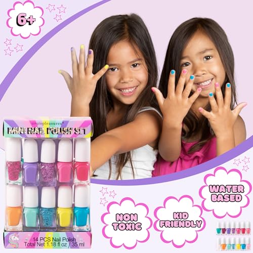 SIMPLE PLEASURES Unicorn Rainbow Kids Nail Polish Set for Girls – 14 Water-Based Non -Toxic Nail Art Kit - Gift Set for Ages 7-12