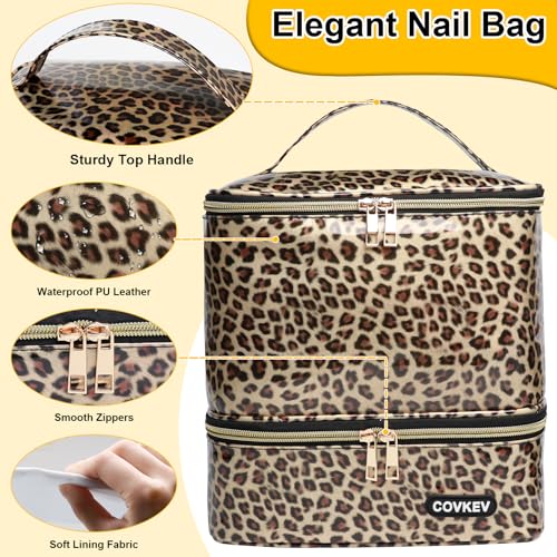 PU Leather Nail Polish Organizer Bag Holds 30 Bottles (15ml - 0.5 fl.oz) & Nail Lamp, Portable Nail Kit Storage Carrying Case, Double Layer Nail Supplies Organizer Handbag (Leopard)
