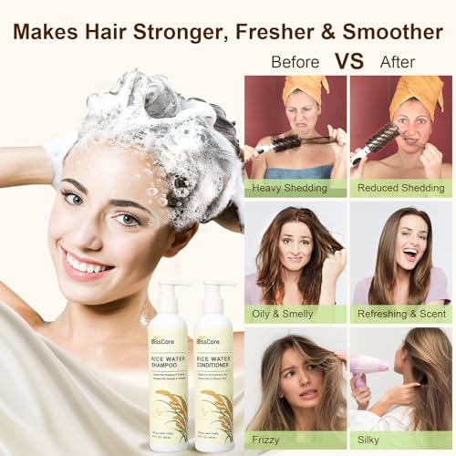 Rice Water Shampoo and Conditioner Set, Strengthen and Revitalize Hair, Nourish Damaged Hair for Women and Men, Hair Care, Restore Shine, Infused with Biotin, Citrus Peel, Rosemary