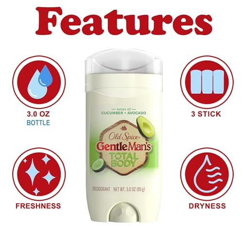 Old Spice Whole Body Deodorant Stick for Men, 3 Pack, Aluminum Free, Cucumber + Avocado Scent, 24/7 Odor Protection, Dermatologist Tested, Gentle on Skin, Safe to Use All Over, 3.0 oz