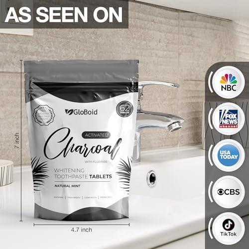 GloBoid Charcoal Toothpaste Tablets with Fluoride, Zero Waste Toothpaste Bits, Eco Friendly Toothpaste Tabs, Plastic Free Toothpaste Bites - 1 Month Supply - 62 Count - Mint